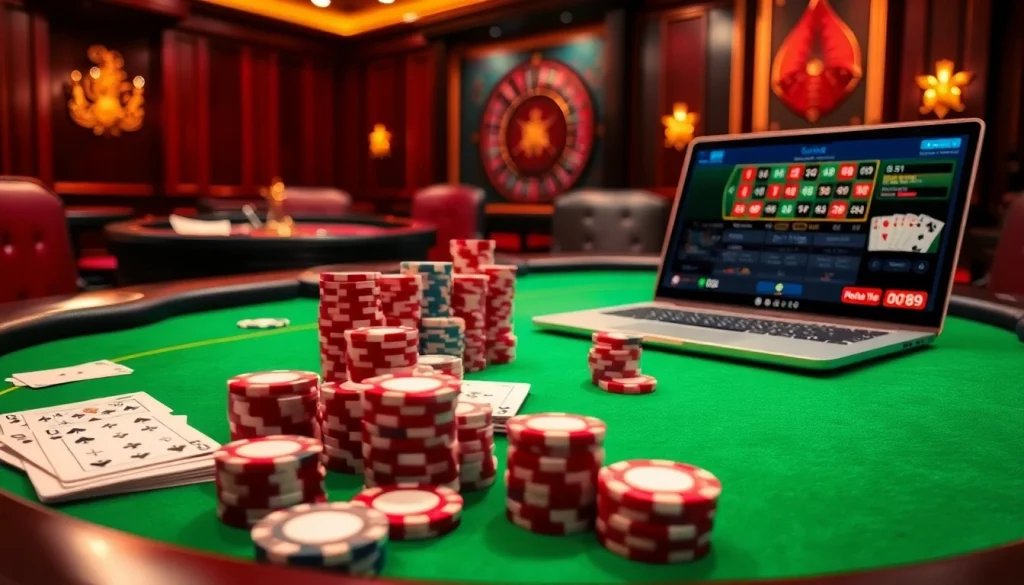 Experience the thrill of betting at Nhà cái DOLA789 with a vibrant casino table and poker chips.