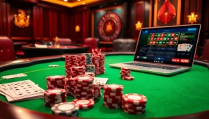 Experience the thrill of betting at Nhà cái DOLA789 with a vibrant casino table and poker chips.