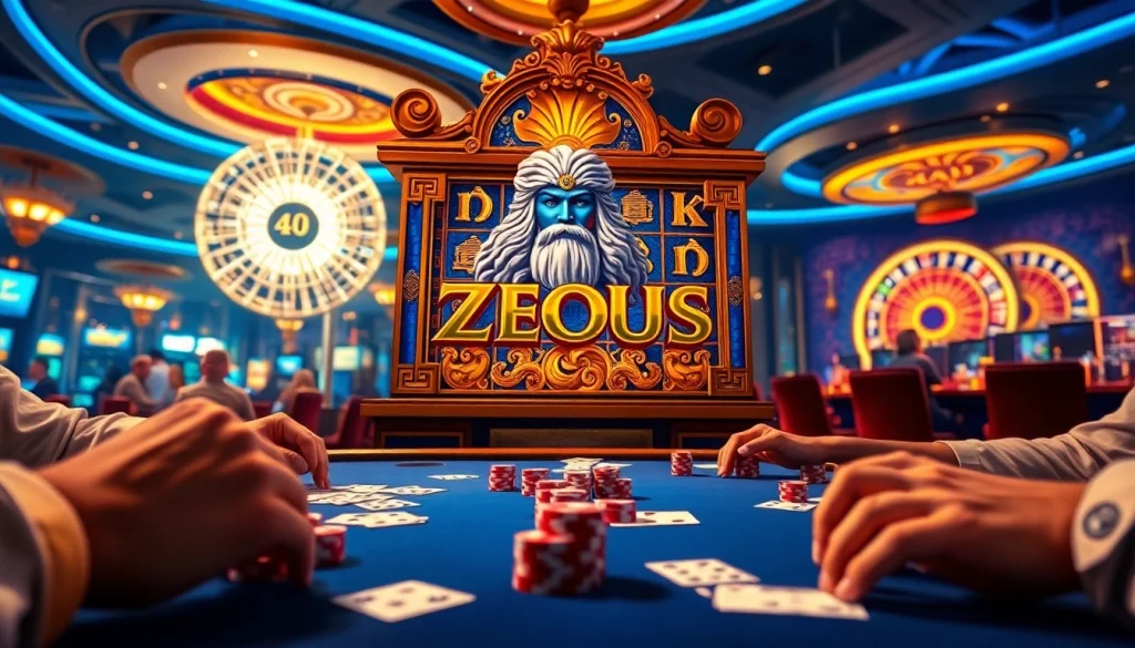 Rasakan sensasi Slot Zeus dengan suasana kasino mewah, menampilkan fitur-fitur megahnya dan kegembiraan.