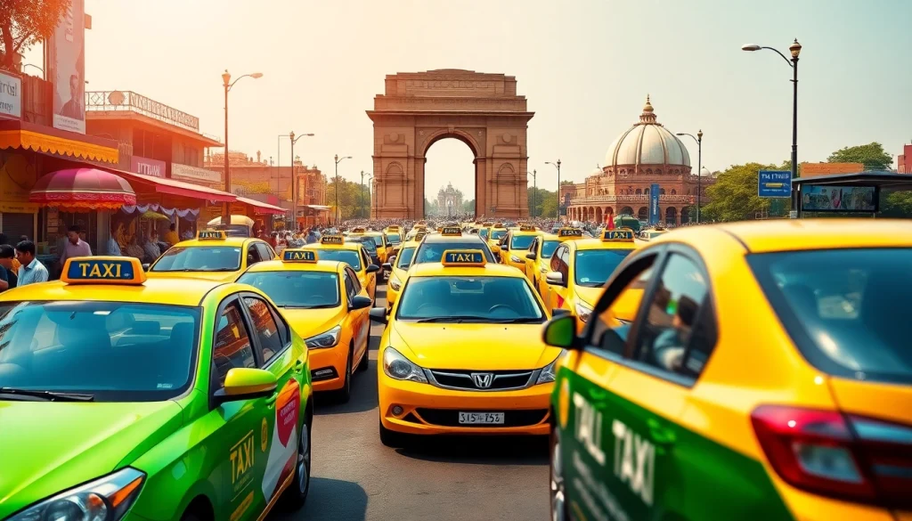 Delhi Taxi Service with vibrant taxis and iconic landmarks in Delhi