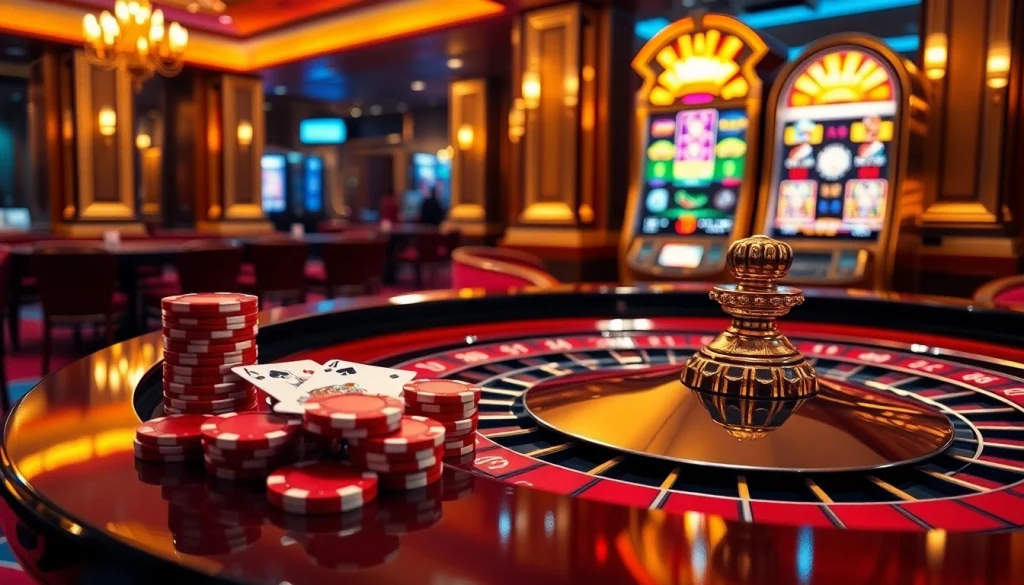 A dynamic scene of players engaging with casino games at 555win com, showcasing roulette and poker elements.