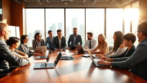 Dynamic discussion among on-demand sales talent in a bright, modern office space.