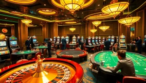 Engaging gamblers at a luxurious casino embodying the vibe of 79 king, featuring casino tables and exciting gameplay.