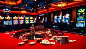 Excited players enjoying a game at BK8 เว็บตรง casino table with roulette and poker chips.