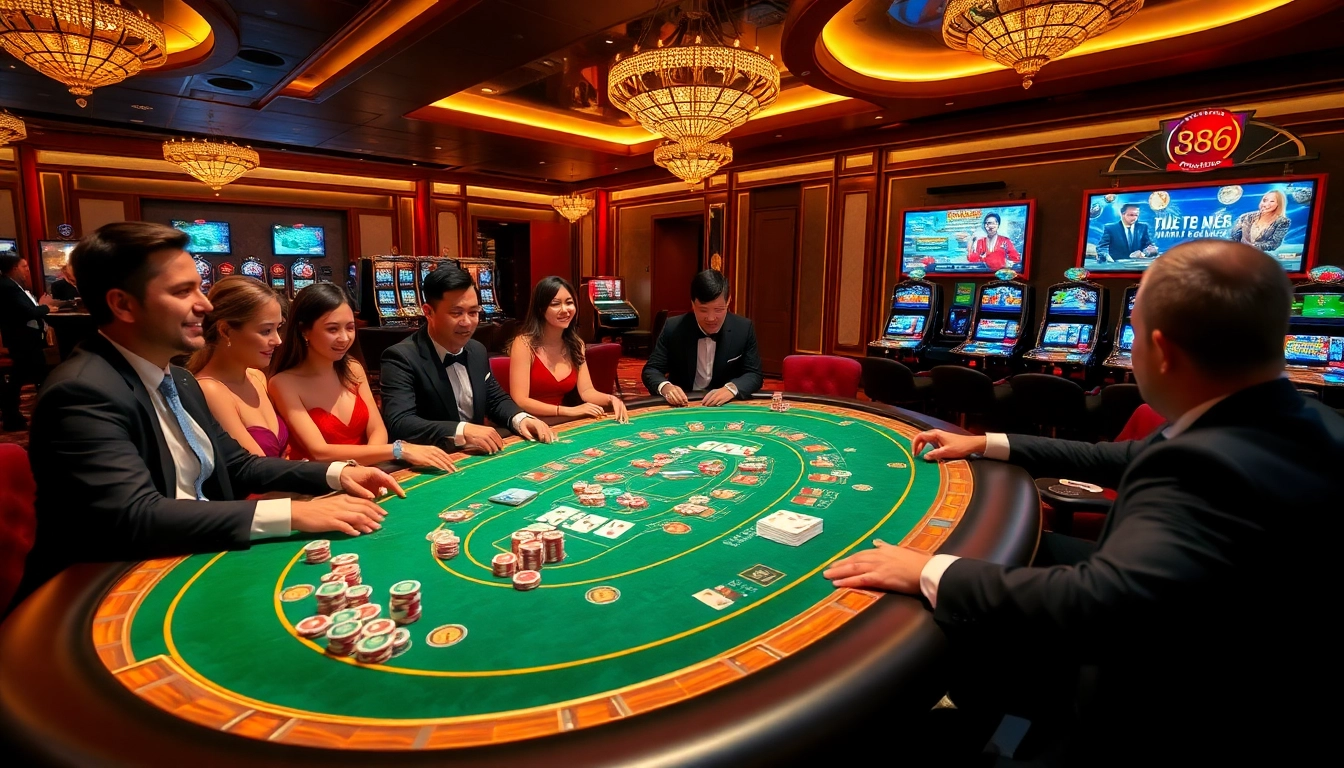 Excited players at the U8888 gaming table engage in thrilling poker and roulette games.