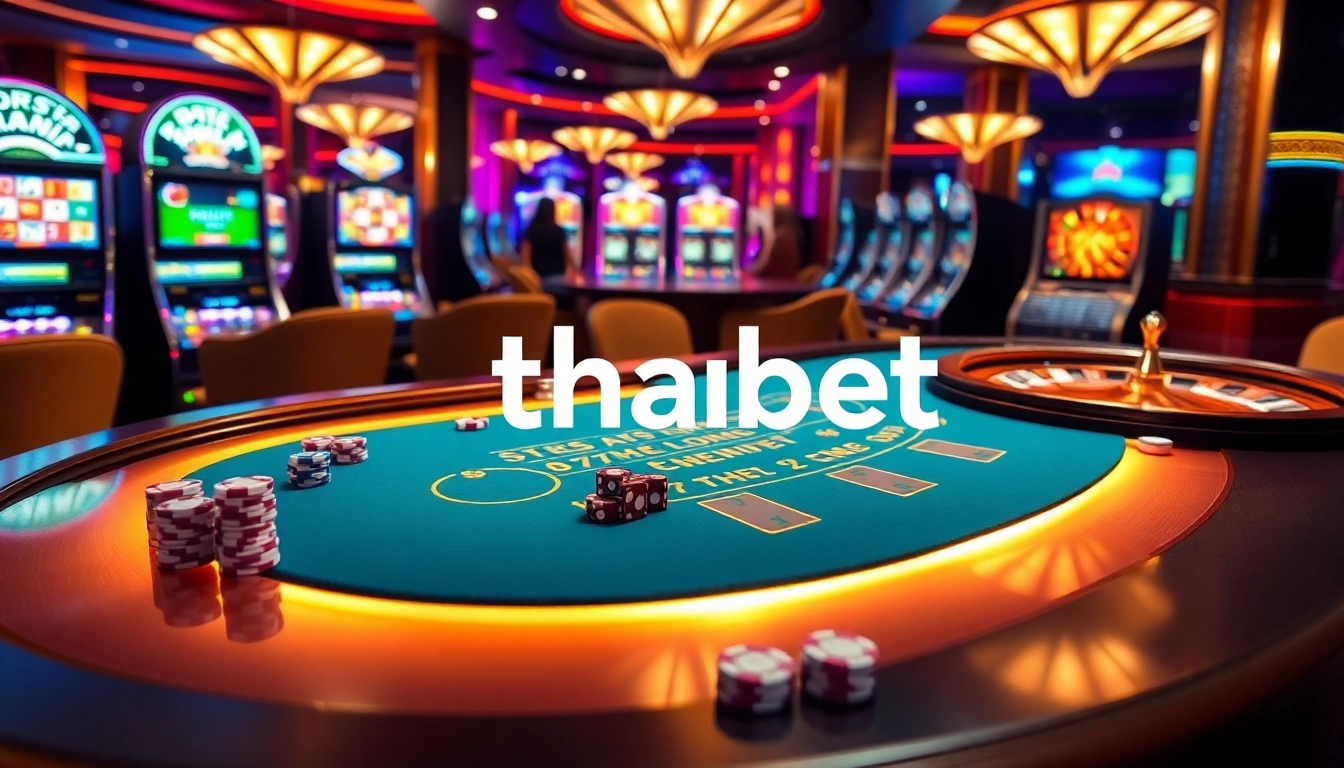 Engage with thrilling casino games at thabet, featuring a luxurious atmosphere with vibrant tables.
