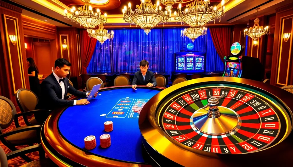Trải nghiệm cảm giác hồi hộp khi Bet VIP tại một casino sang trọng với các chip poker, bánh xe roulette và bầu không khí sôi động.