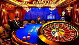 Trải nghiệm cảm giác hồi hộp khi Bet VIP tại một casino sang trọng với các chip poker, bánh xe roulette và bầu không khí sôi động.