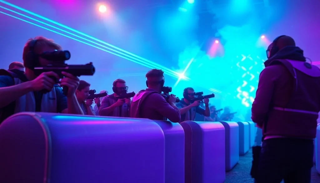 Players engaged in Laser tag action inside a vibrant arena filled with colorful lights.
