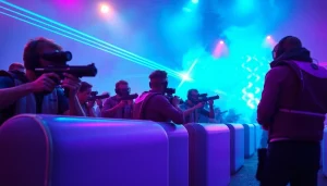 Players engaged in Laser tag action inside a vibrant arena filled with colorful lights.