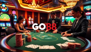 Engaging poker players enjoy a thrilling game at the GO88 casino, complete with vibrant chips and cards.