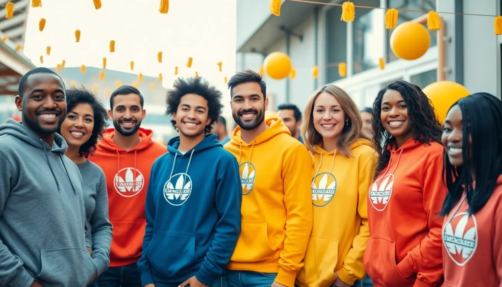 Džemperiai su logotipu rodomi ryškiame lauke vykstančiame renginyje, akcentuojant bendruomenę ir prekės ženklo įvaizdį.