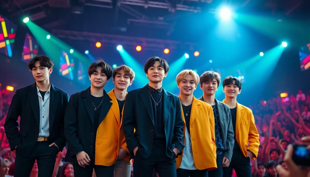 BTS members performing energetically at a concert, showcasing their vibrant personalities and styles.