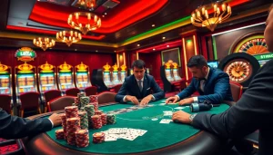 Trải nghiệm poker cược cao tại một sòng bạc sang trọng với chủ đề cg 79 và các quân chip rực rỡ.