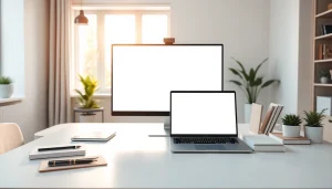 A modern workspace demonstrating a white background website for online meetings and focus.