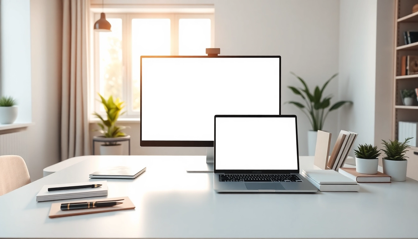 A modern workspace demonstrating a white background website for online meetings and focus.