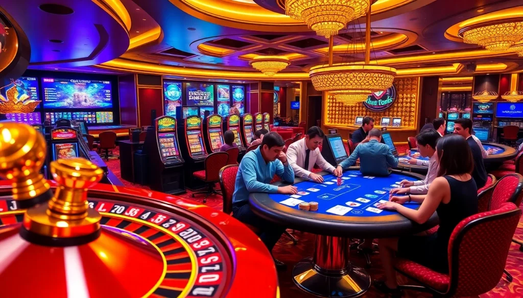 S88 bet players engaging at a vibrant casino with exciting slot machines and poker tables.