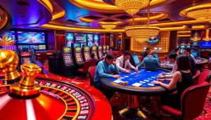 S88 bet players engaging at a vibrant casino with exciting slot machines and poker tables.