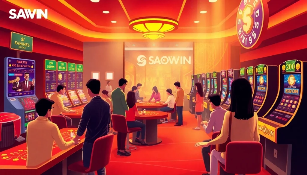 Cảnh chơi đầy hứng khởi tại SAOWIN, với người chơi trực tiếp tham gia trong một môi trường casino kỹ thuật số sôi động.