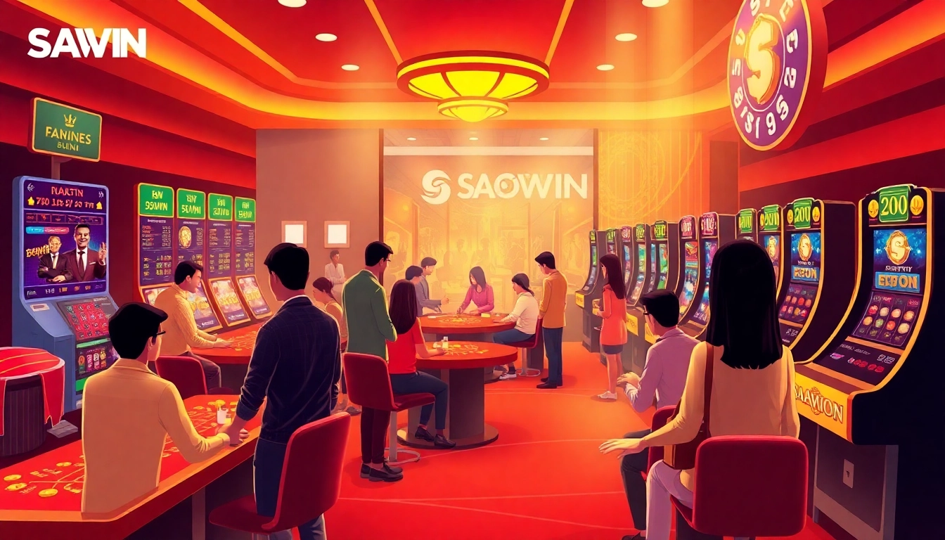 Cảnh chơi đầy hứng khởi tại SAOWIN, với người chơi trực tiếp tham gia trong một môi trường casino kỹ thuật số sôi động.