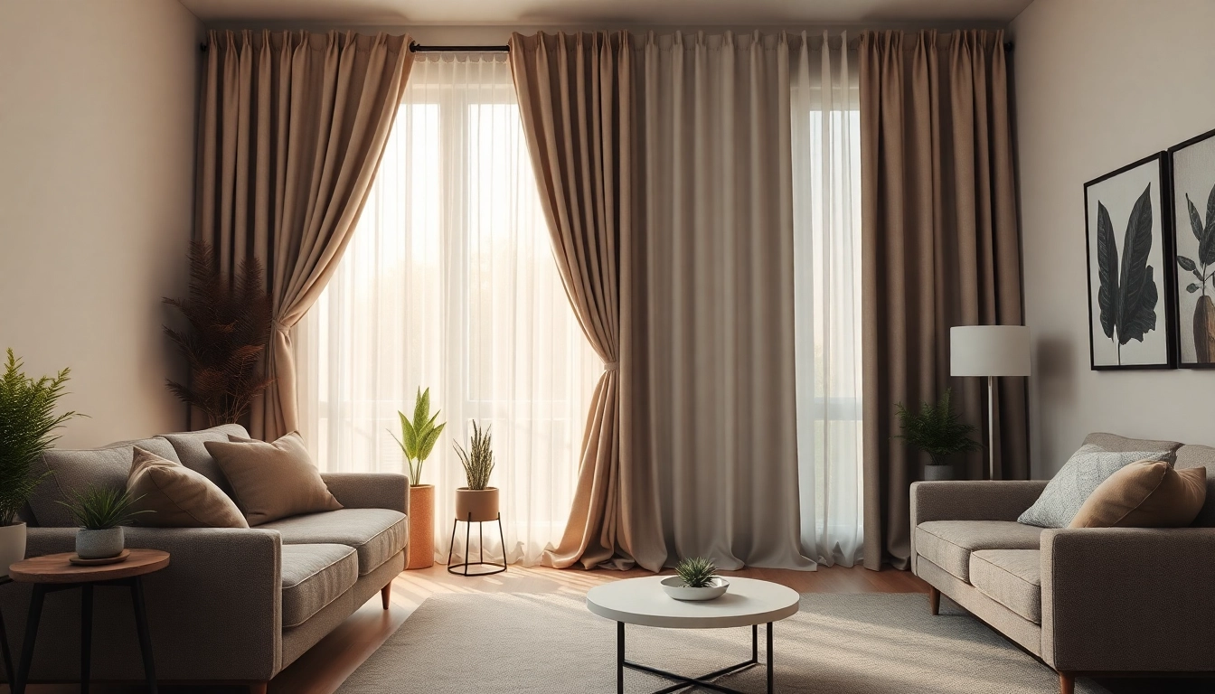 Verduisterende gordijnen in een moderne woonkamer, elegant naast een raam gedrapeerd.