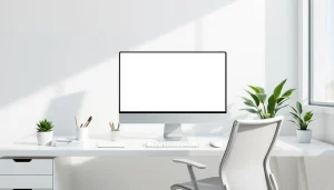 White background website tool displayed on a clean workspace monitor.