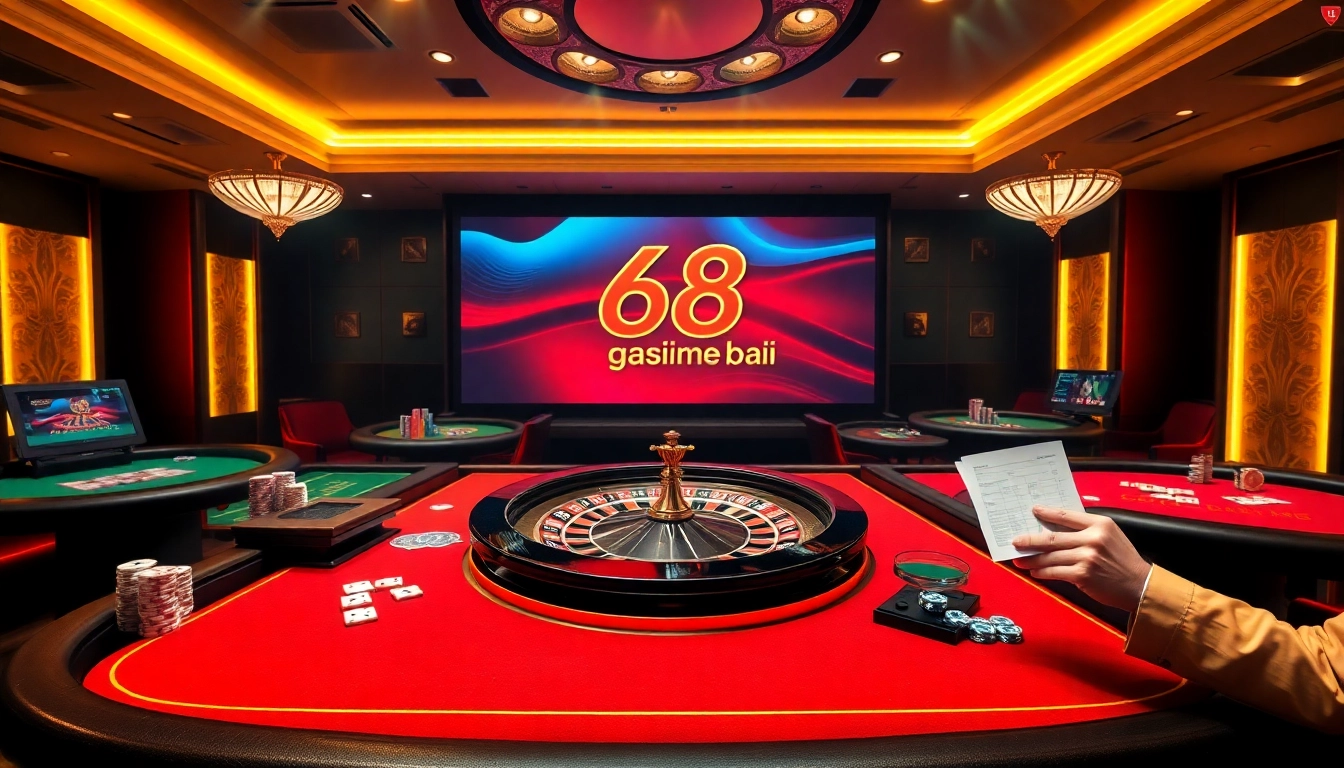Experience vibrant action at 68 game bài with poker chips, cards, and roulette excitement.