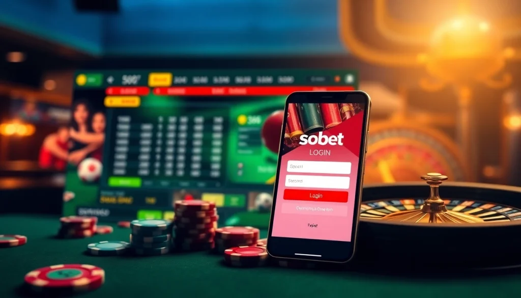 Sbobet login interface illustrating vibrant sports betting and casino elements.