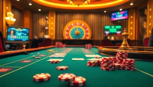 C168 online casino gaming table featuring vibrant cards, chips, and roulette in a luxurious setting.