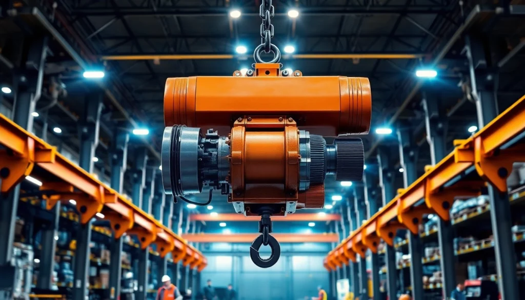 Electric chain hoist crane lifting heavy machinery in an industrial warehouse setting.