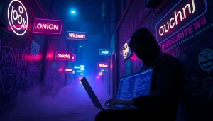Vivid depiction of the hidden wiki dark web with neon signs and a user in a shadowy alley, symbolizing anonymity and mystery.