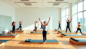 台東区のピラティスクラス。温かい雰囲気の明るいスタジオで、さまざまな人々がエクササイズを行っている様子。