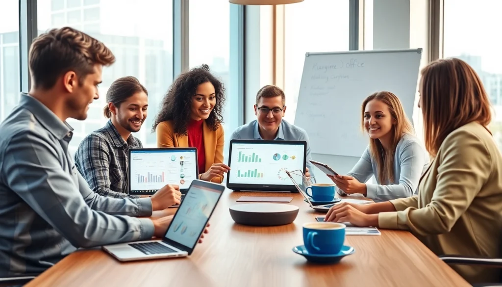 现代办公室中的 WPS Office 协作，展示多元化专业人士参与团队合作。