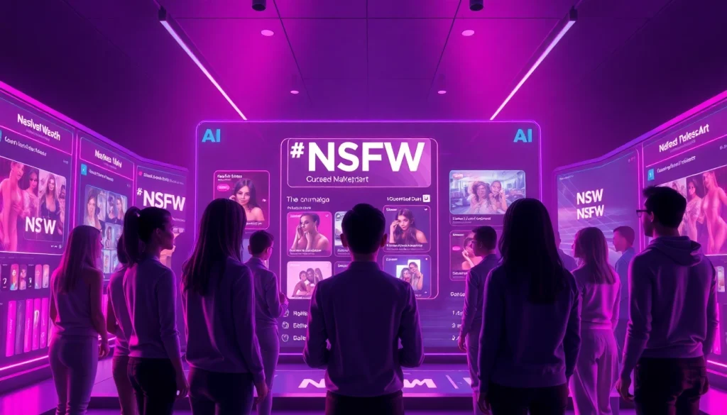 Futuristic digital marketplace scene illustrating AI nsfw interactions with avatars and custom art.