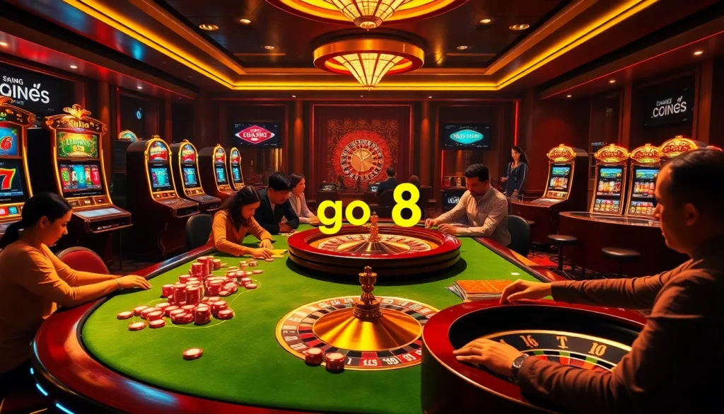 Experience go8 đăng nhập at a luxurious casino table with poker chips, vibrant slot machines, and hot players.