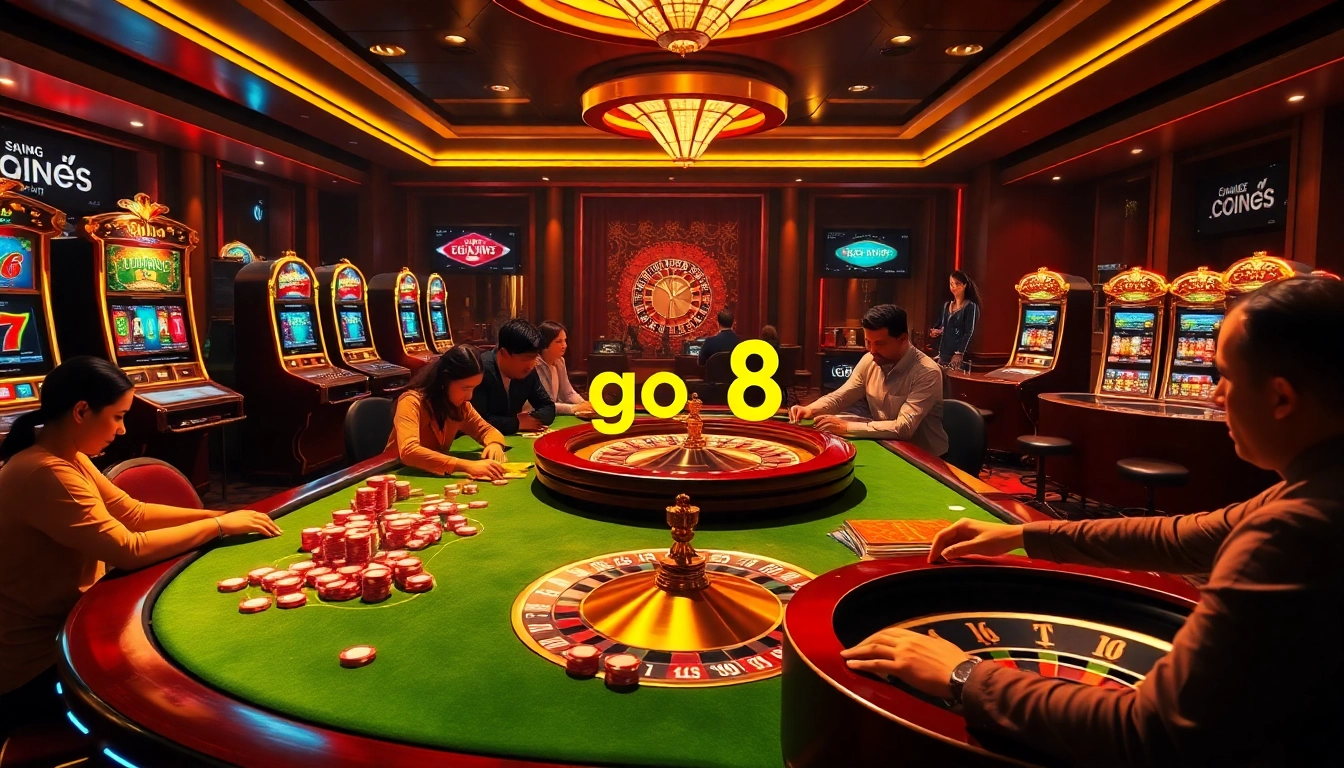 Experience go8 đăng nhập at a luxurious casino table with poker chips, vibrant slot machines, and hot players.