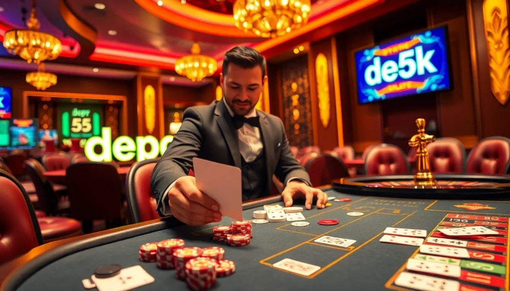 A thrilling casino scene showcasing a player using a betting slip for depo 5k at an elegant gaming table.