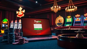 7upbet login interface with poker chips and roulette wheel in a luxurious casino setting.