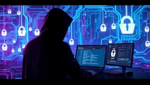 Digital landscape illustrating the hidden wiki onion site with neon data streams and cybersecurity elements.