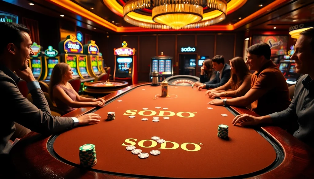 SODO poker table scene with players engaged, colorful chips, and vibrant casino lights.
