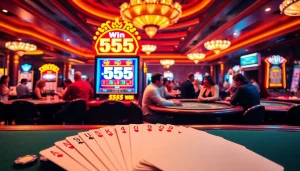 Celebrate a big win at the 555 win casino with vibrant slot machines and lively gamblers.