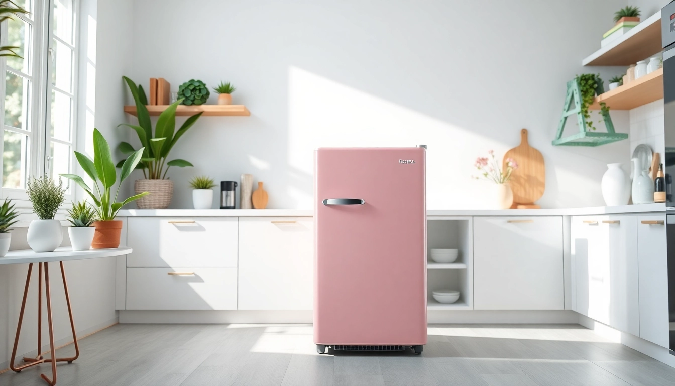 Showcase of an affordable mini fridge and freezer in a stylish modern kitchen, highlighting its sleek design.