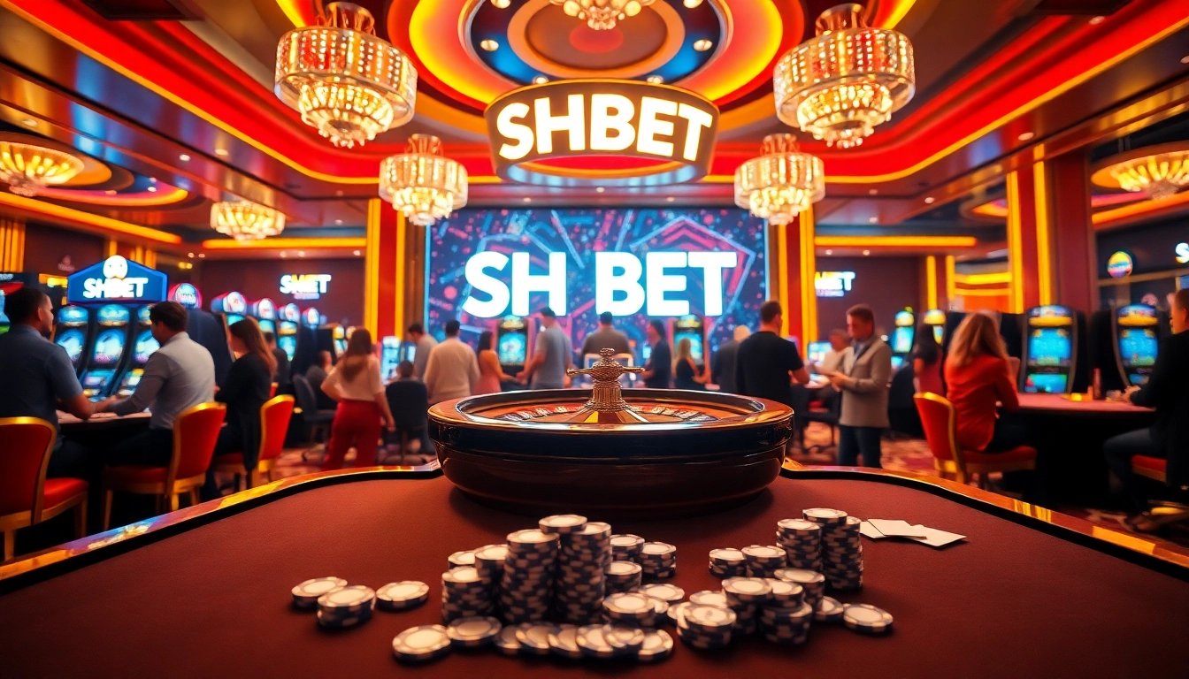 SHBET players enjoying an upscale casino experience with roulette, poker chips, and vibrant decor.