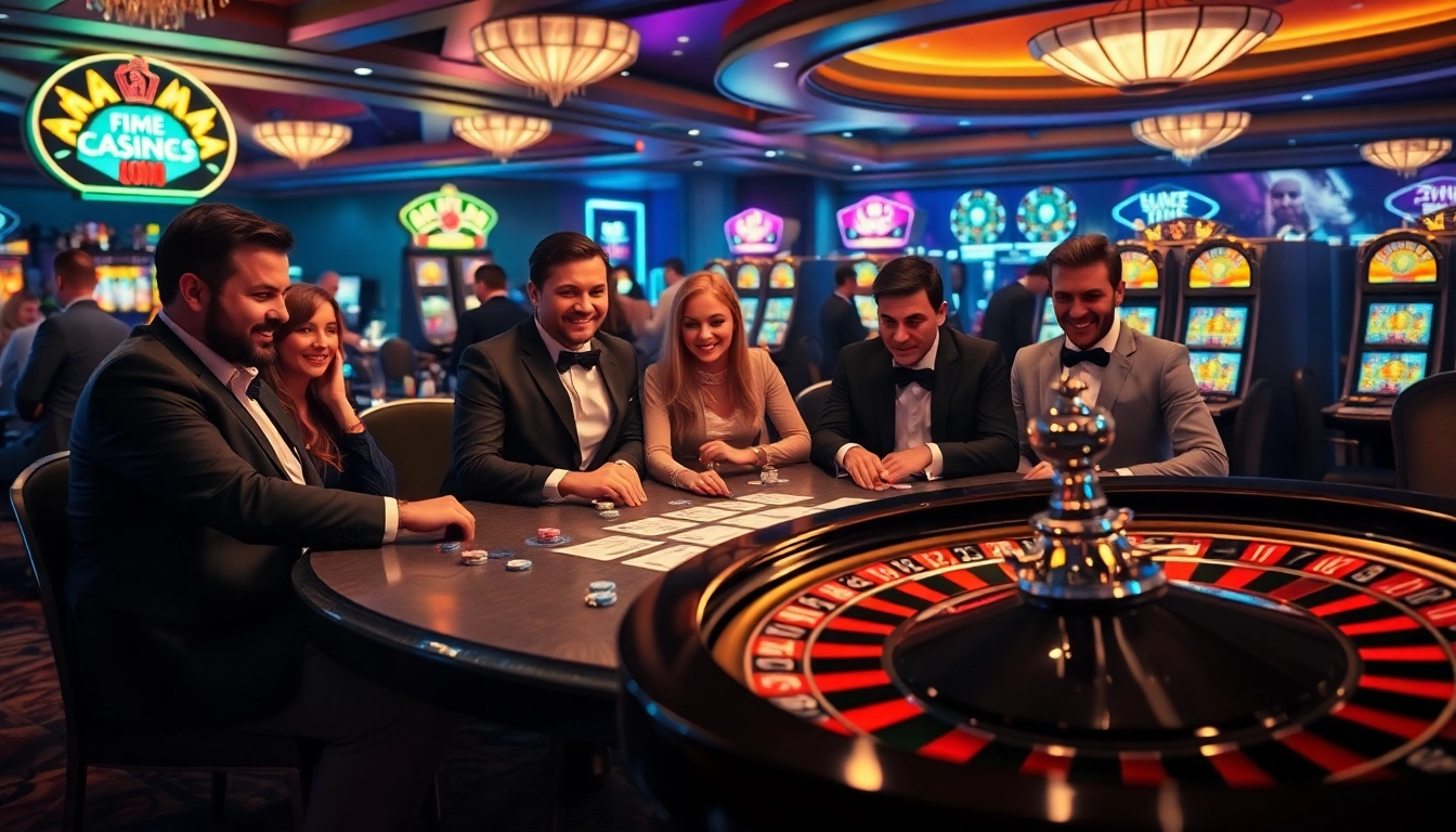 Scène engageante d'un meilleure casino en ligne avec des joueurs à une table de poker et une roue de roulette.