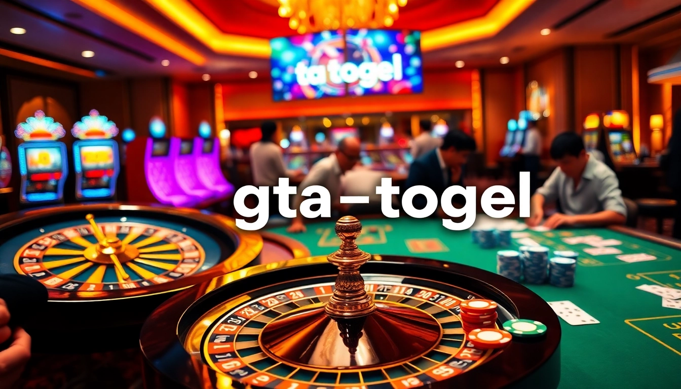 Gambling excitement at a casino with a focus on gta togel, players enjoying poker and slots.