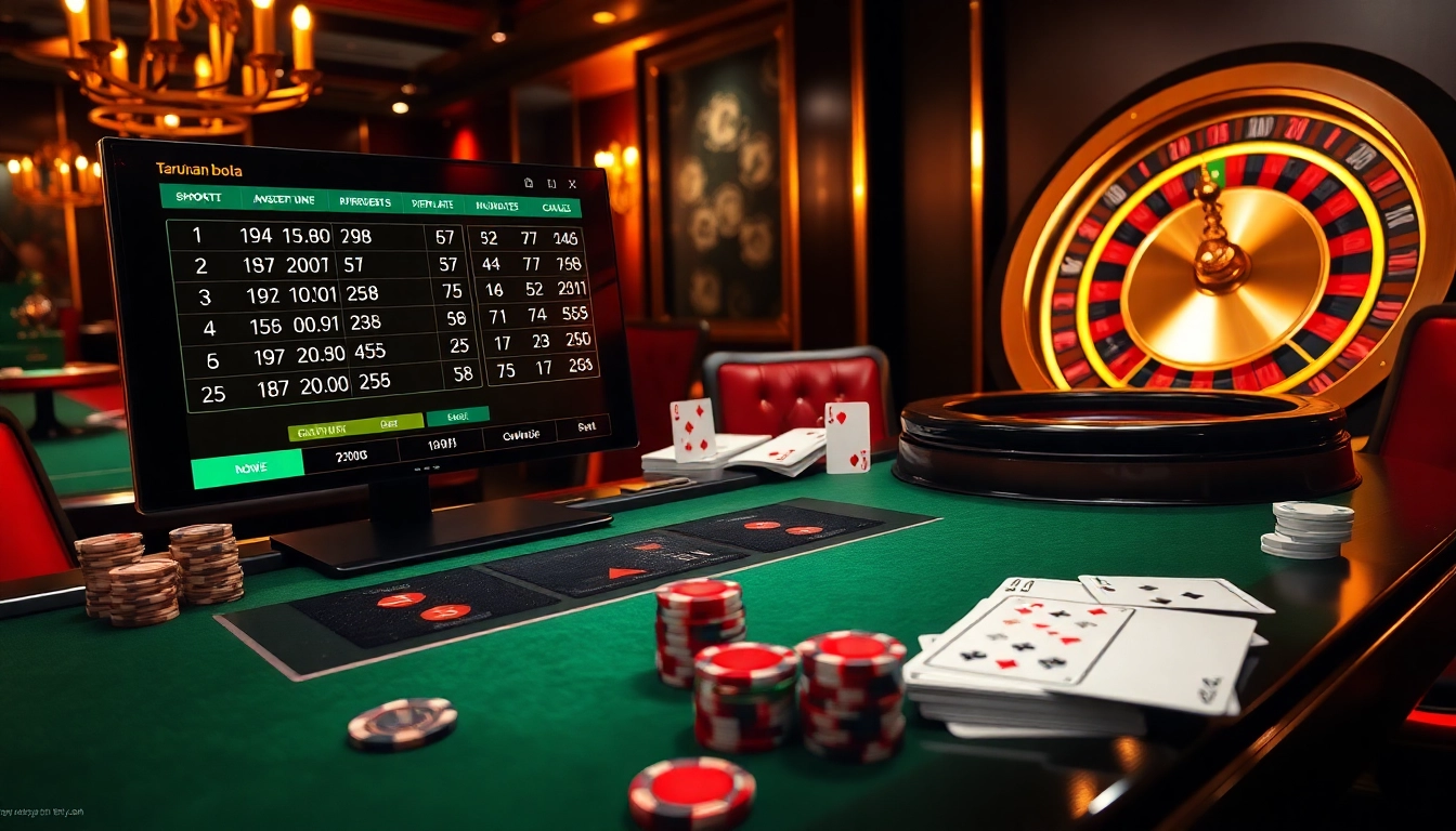 Experience Taruhan bola excitement in a luxurious casino scene with modern betting interfaces, poker chips, and roulette wheels.