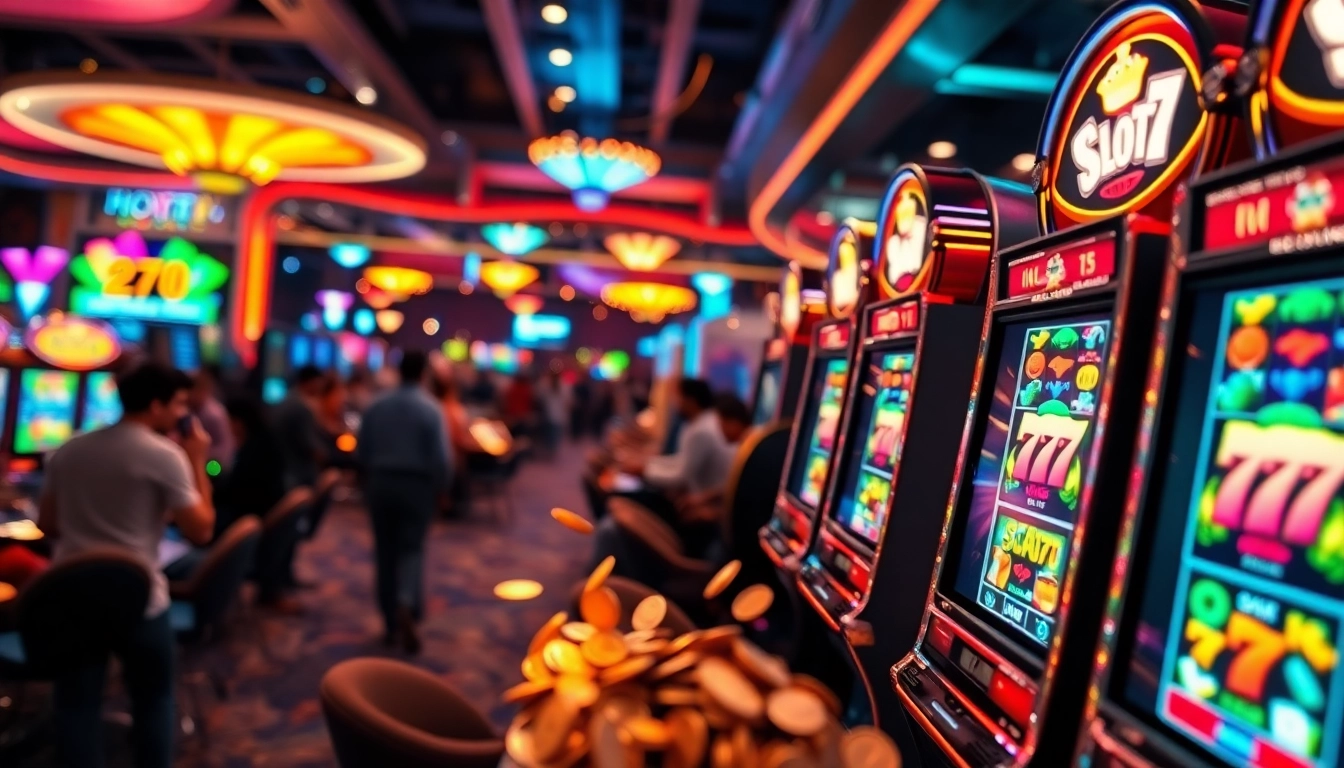 Slot77 mesin permainan dengan koin yang mengalir dan pemain yang bersemangat.