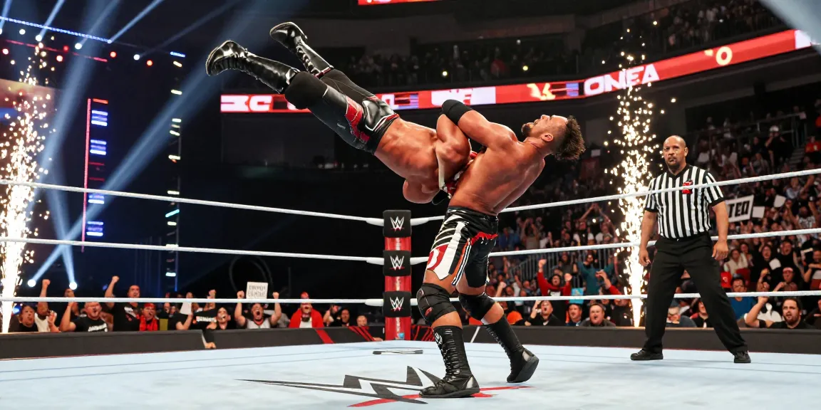 WWE wrestlers in an electrifying match showcasing powerful moves and vibrant arena ambiance