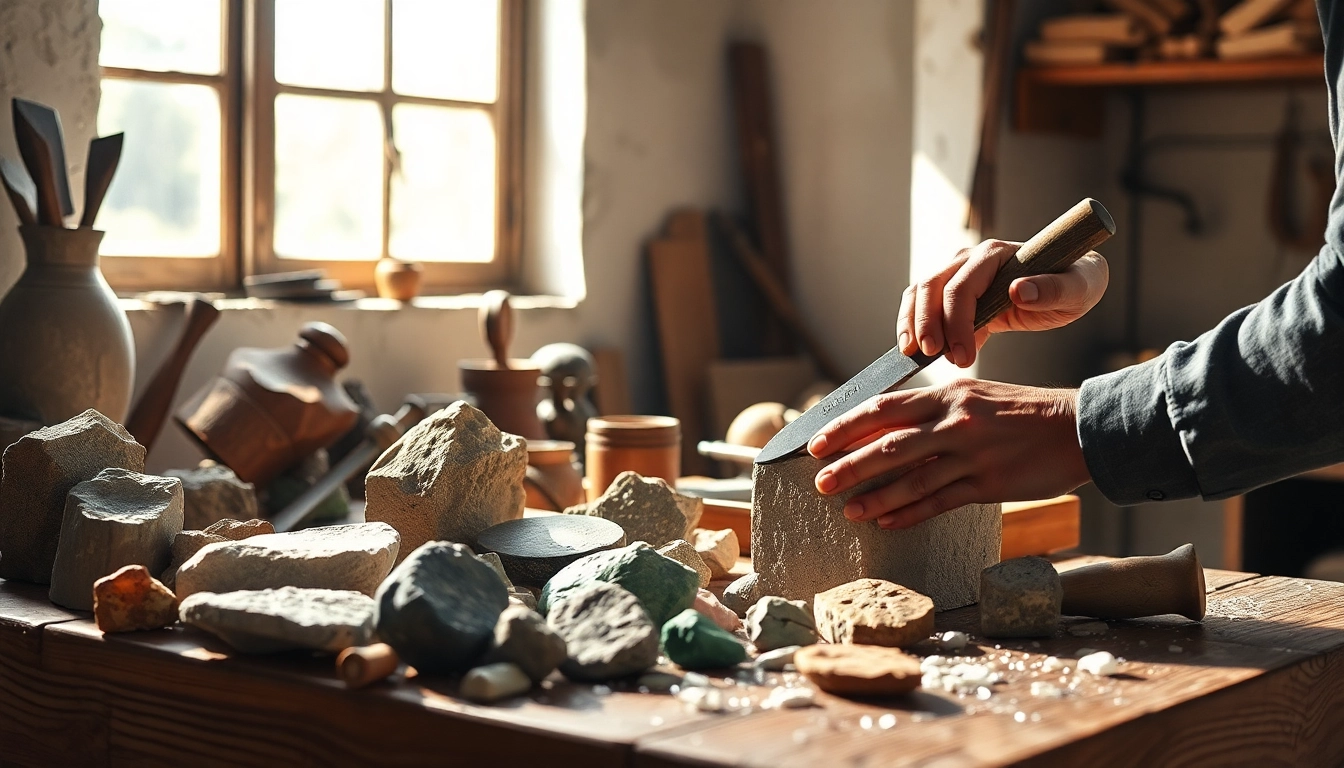 Artisan shaping stone with a maceta herramienta, showcasing craftsmanship.