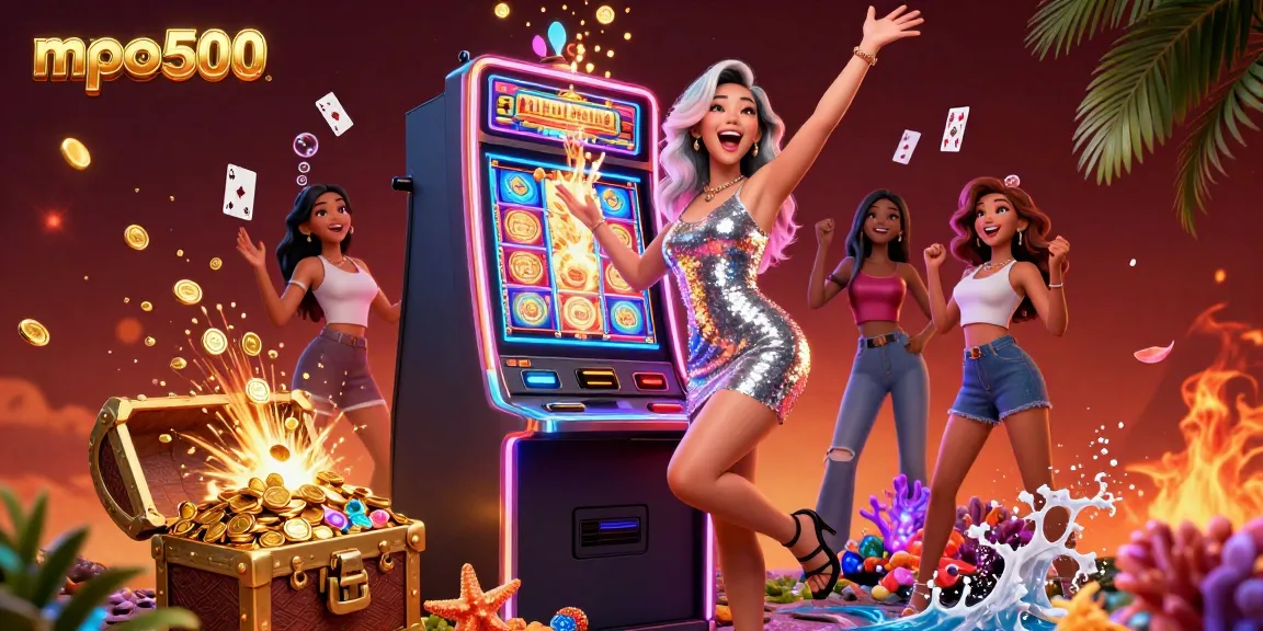 Play slots and win big at mpo500 with an exciting jackpot celebration in a vibrant casino scene.